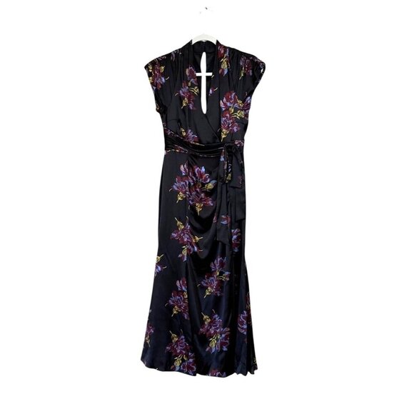 Cinq a Sept Women's Neila Silk Floral Tie Waist Midi Dress Black Blue Size 2 - Picture 3 of 9